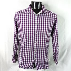 DKNY Men's Shirt XL Slim Fit Long Sleeve Purple Checkered Button-Up Designer
